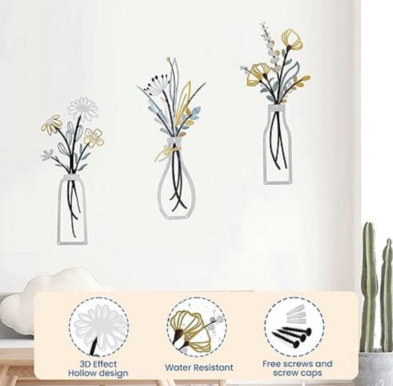 3pcs Metal Flower Wall Decor for Bathroom Living Room Kitchen Bedroom Dining