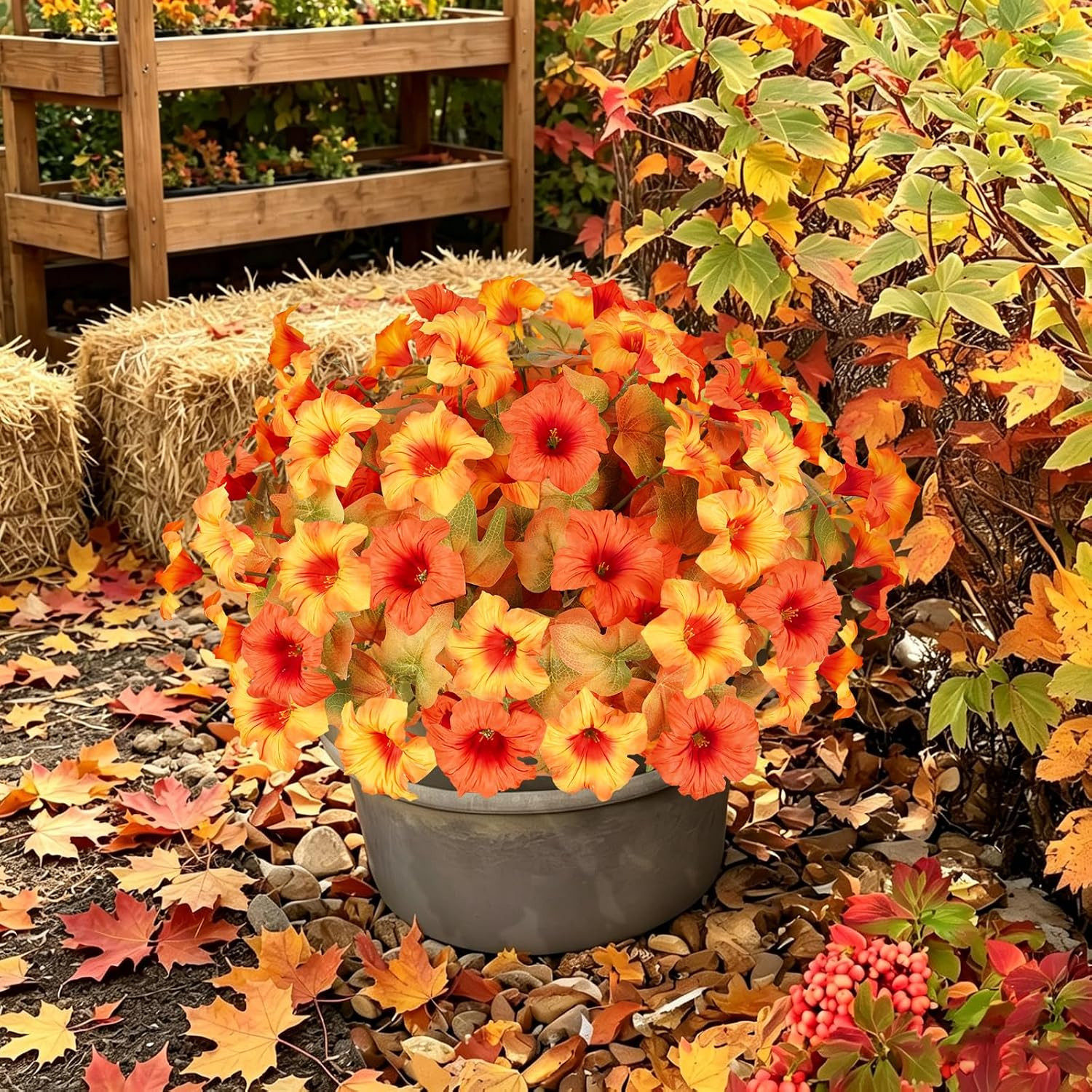 Artificial Fall Flowers for Outdoors, Faux Petunias Autumn Decoration, Fake Flow