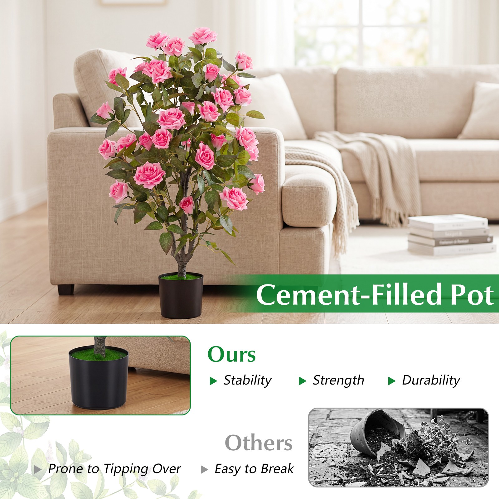 2PCS Artificial Rose Tree w/Blooming Flowers & Green Leaves, Free Maintenance