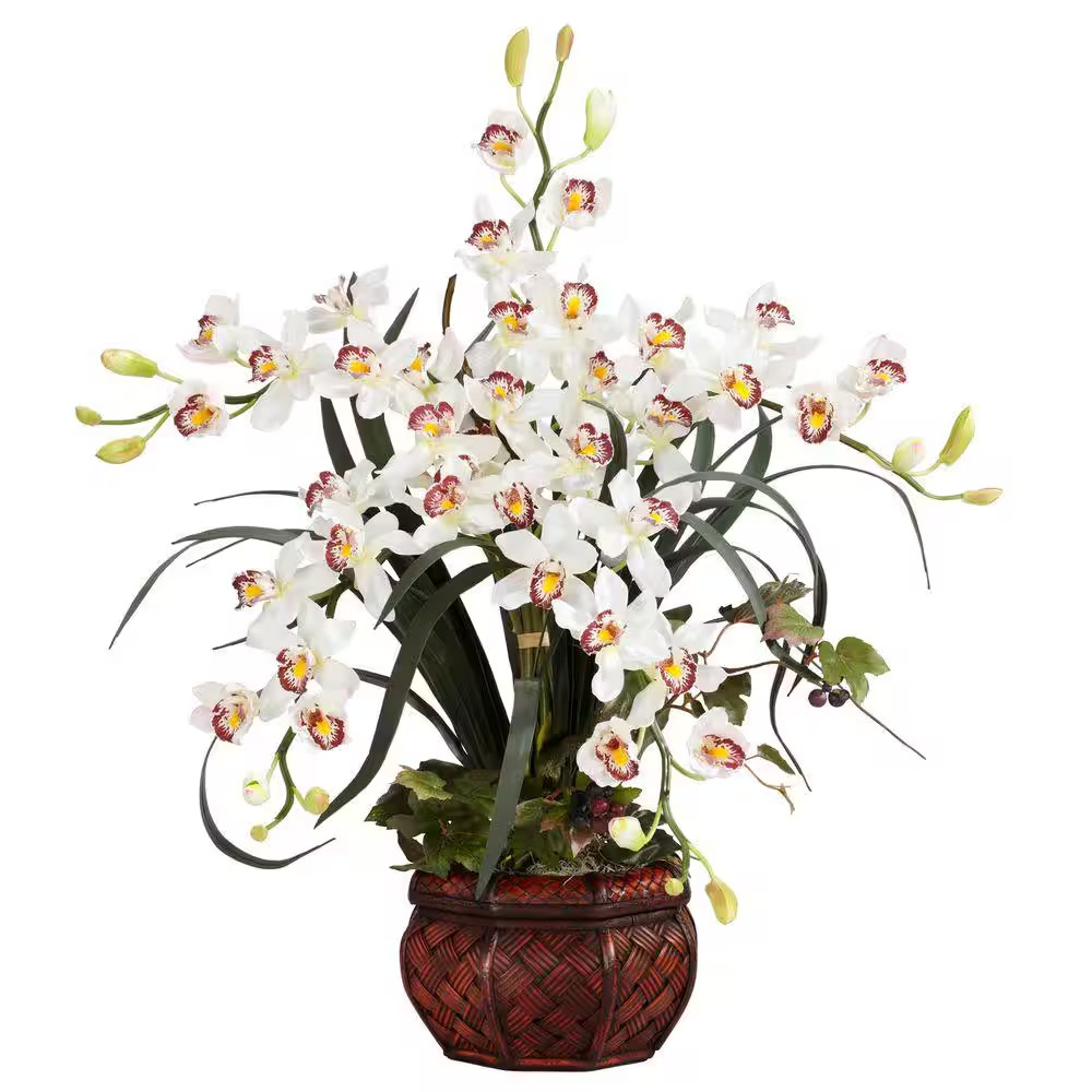 30 In. Artificial H White Cymbidium with Decorative Vase Silk Arrangement