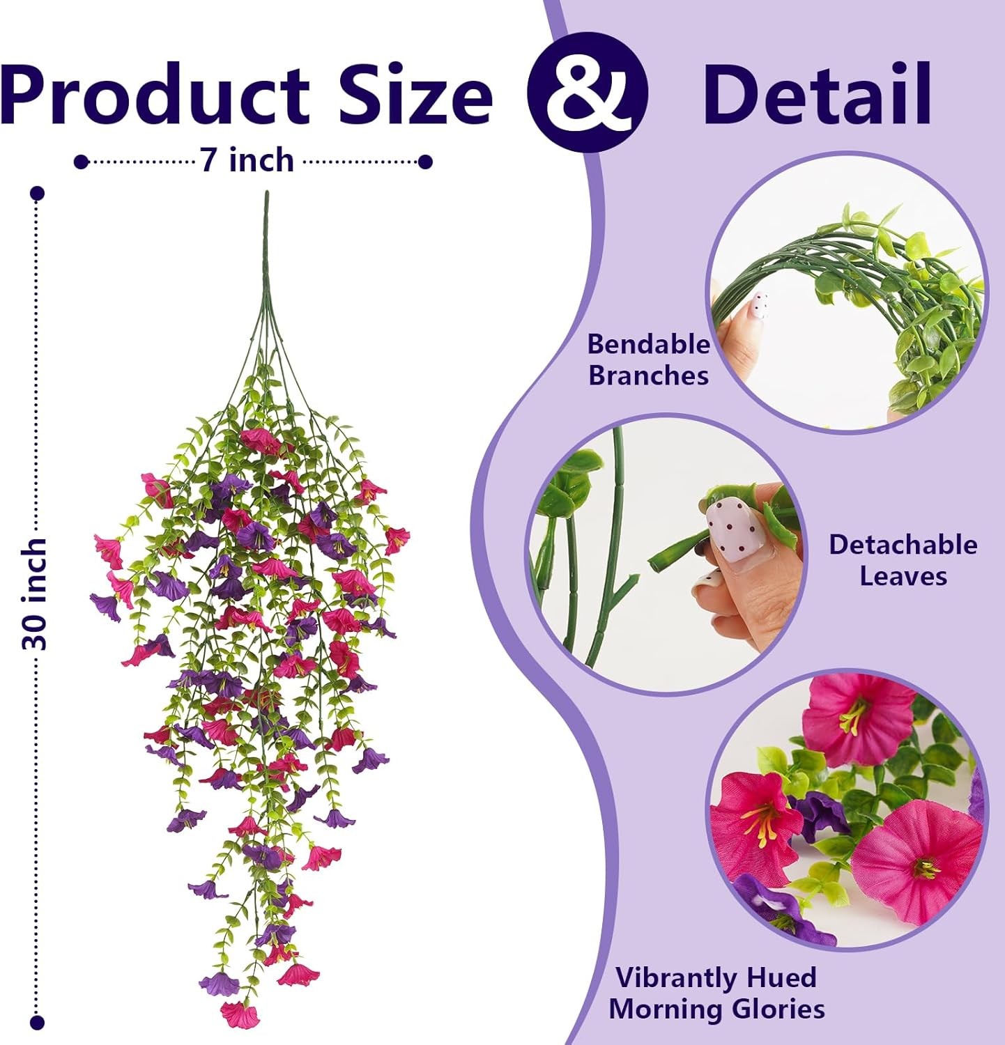 4 Bundles Artificial Hanging Flowers for Outdoors, UV Resistant Fake Morning Glo