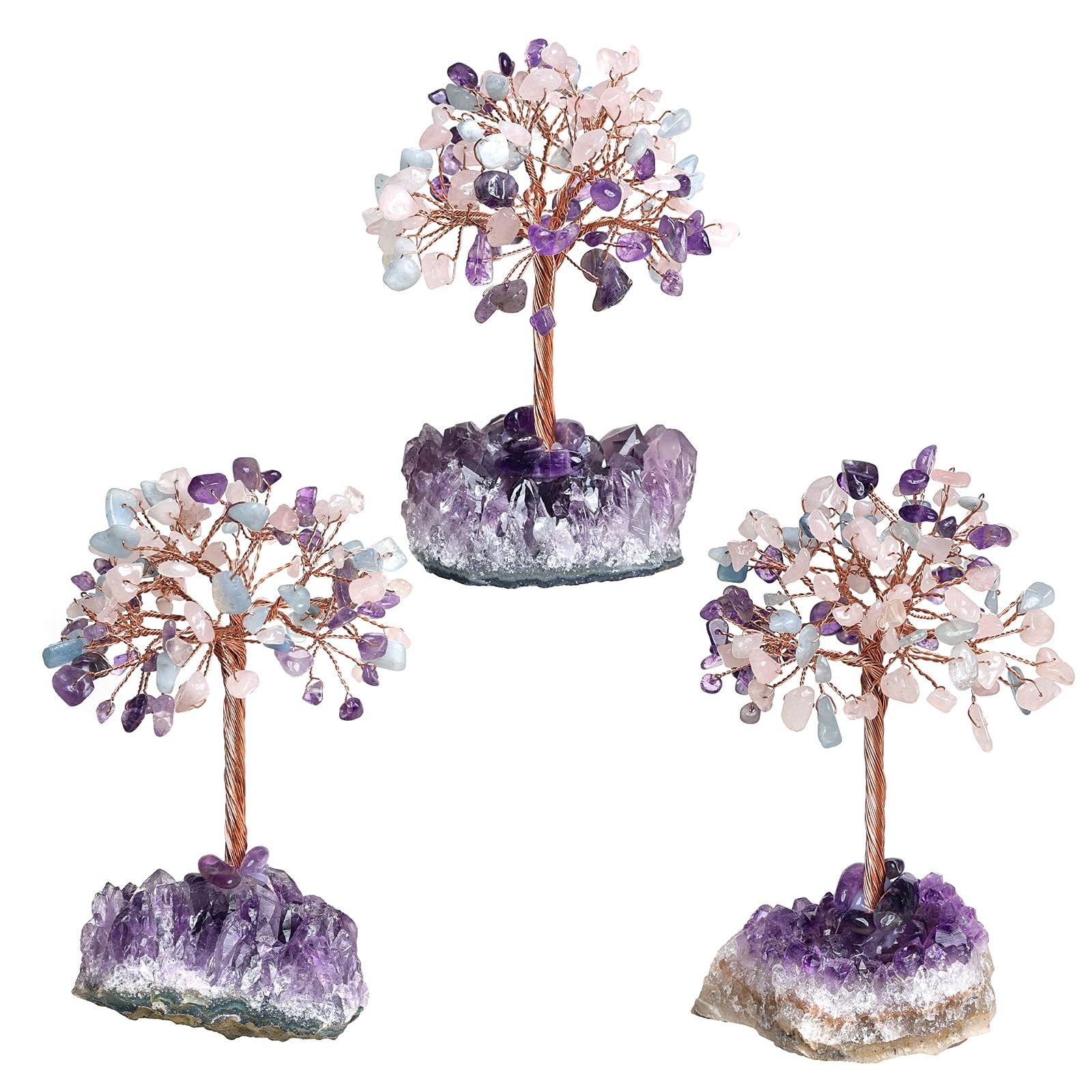 Crystal Copper Tree, Amethyst Base, Rose Quartz, Aquamarine, Fengshui, Decor