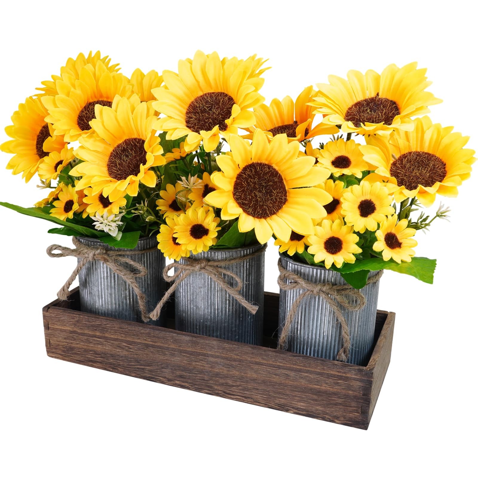 Set of 3 Artificial Sunflowers Metal Pot Centerpiece Farmhouse Sunflowers Flo…