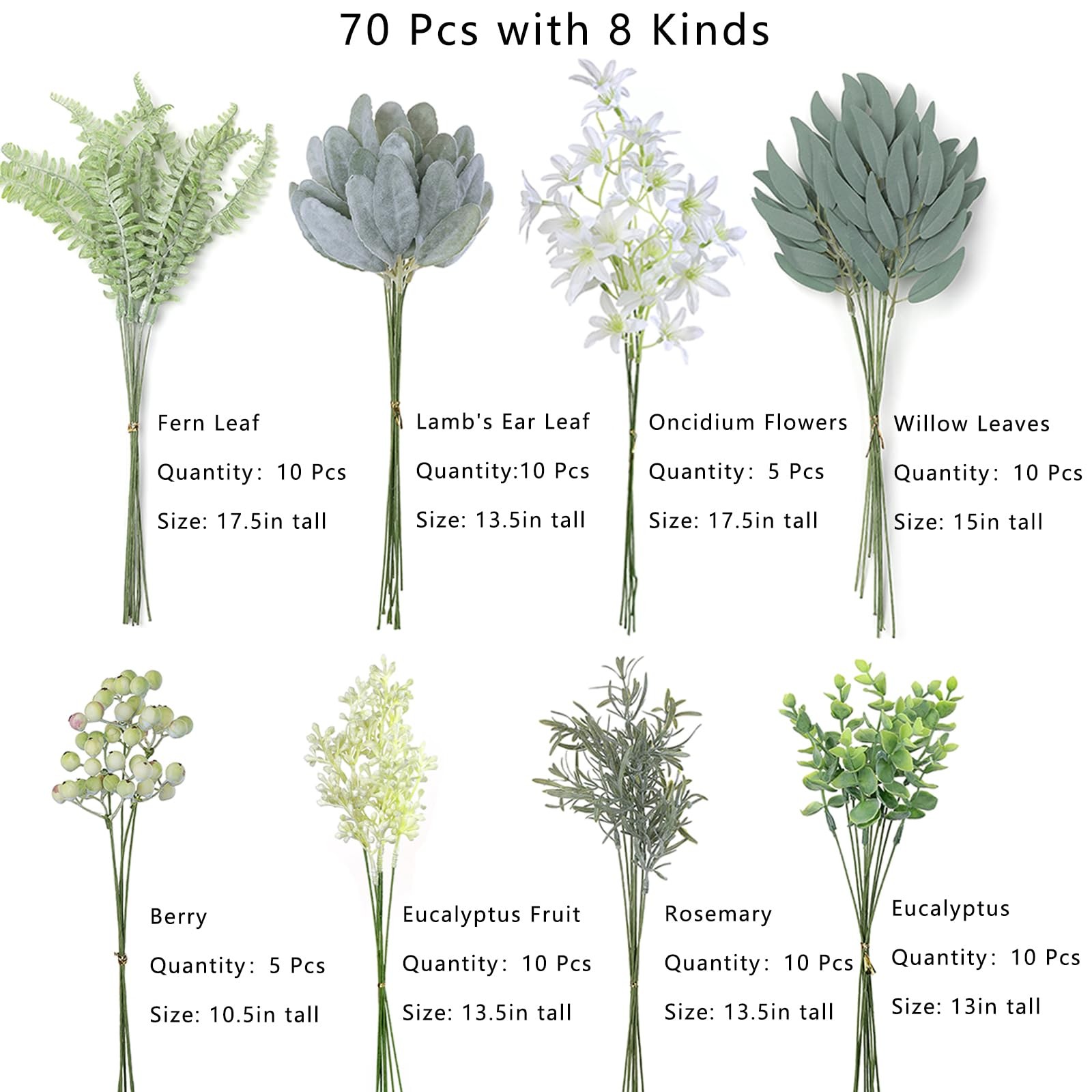 70 Pcs Artificial Greenery Stems Box Set,with 8 Kinds of Faux Plants and Fake…