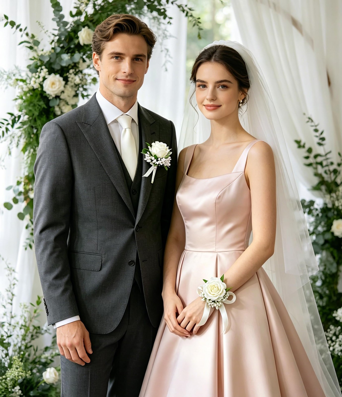 White Rose Corsage and Men Boutonniere Set for Wedding Prom