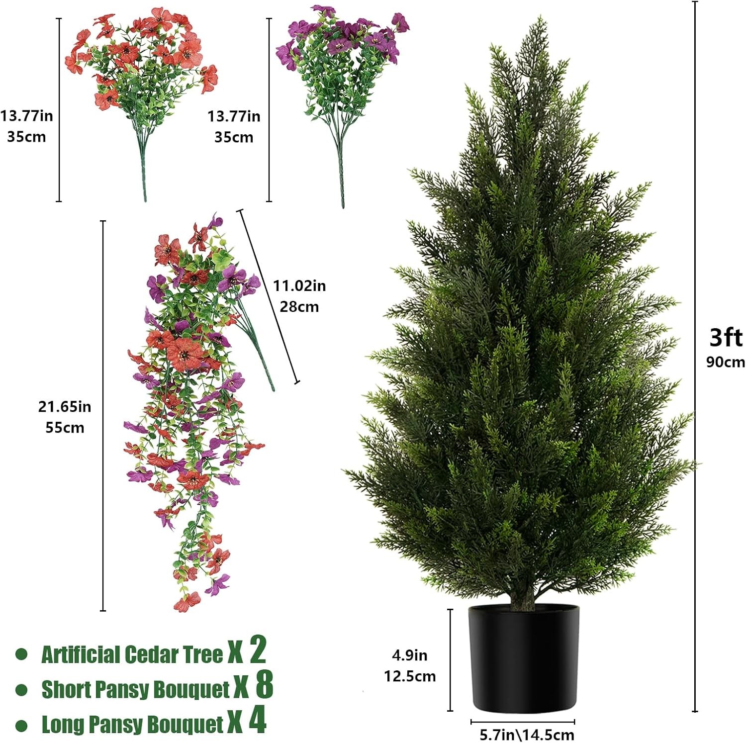 Artificial Topiary Cedar Trees 3FT Tall 2 Set with 12 Bundles Faux Silk Flowers