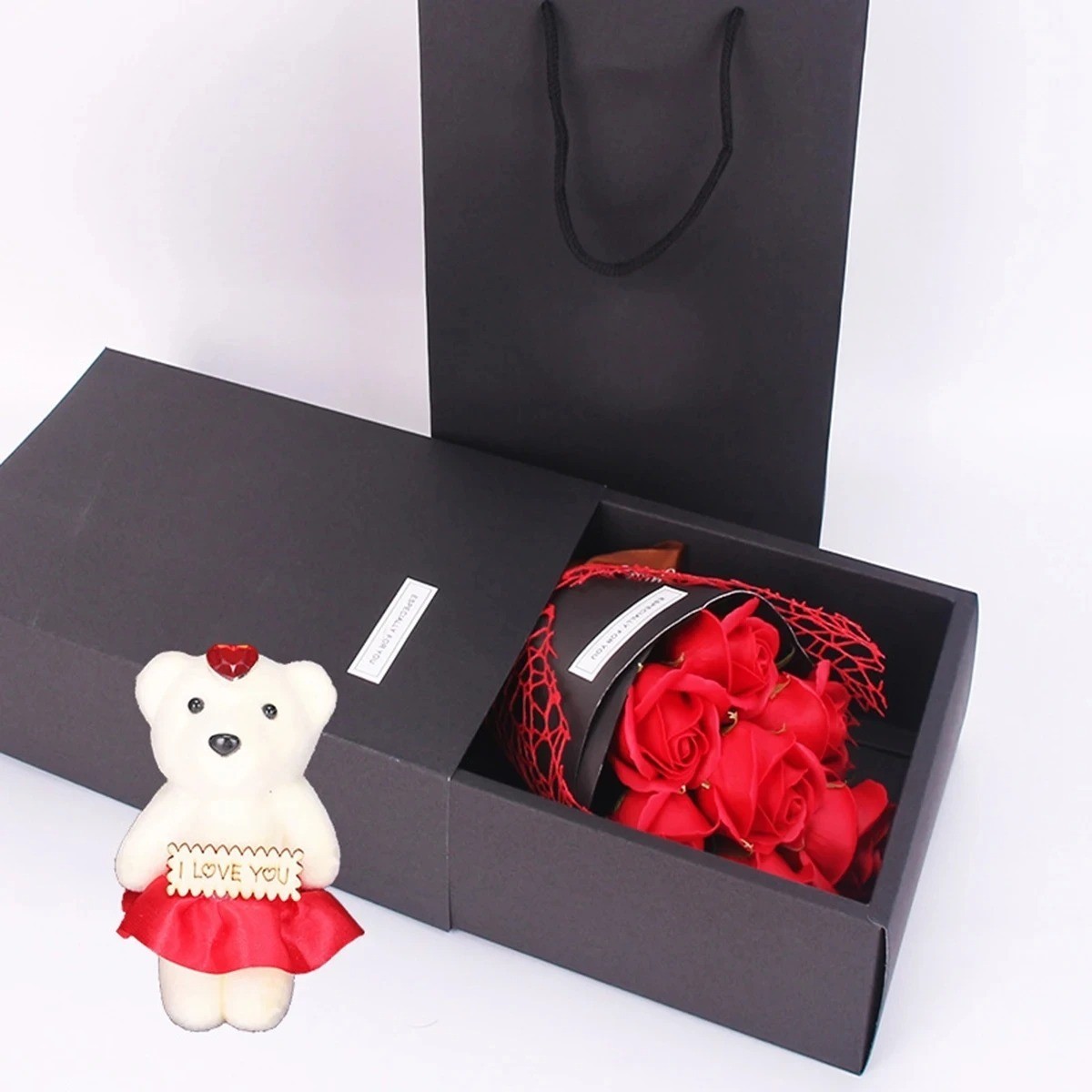 7 Rose Soap Flower Bouquet Bear Gift Box Valentine Birthday Mother’s Day Gift