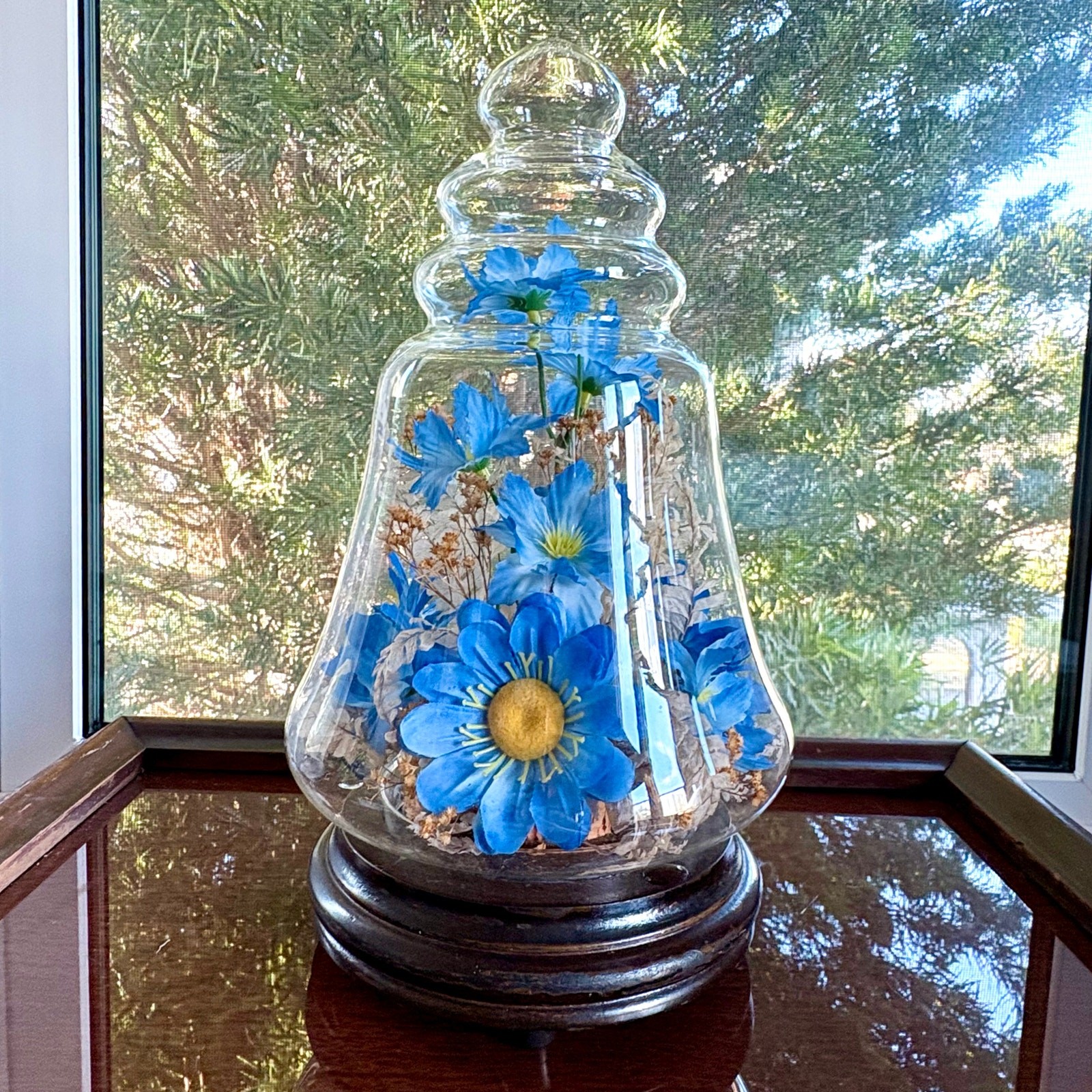Vintage Glass Bell Jar Dome with Blue Floral Arrangement on Wood Base