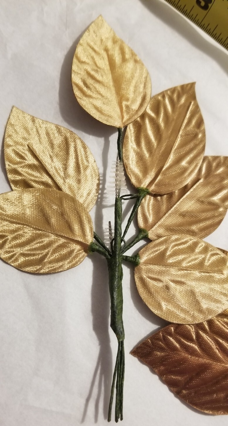 TWO Gold Fabric Rose 2″ Leaf Stems 6 leaf cluster. MY12