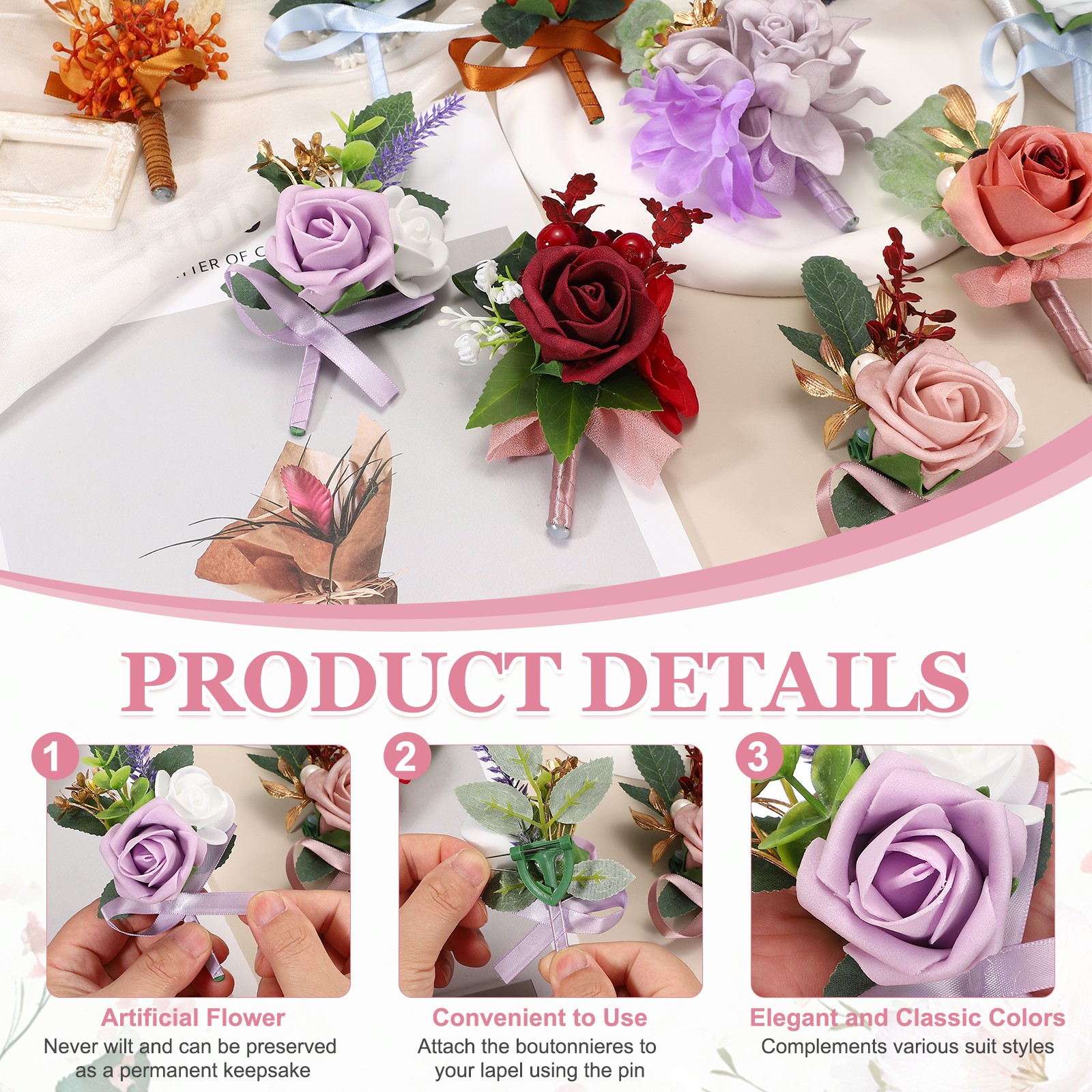 Mens Boutonnieres for Weddings, 6 Pcs Rose Boutonnieres, White/Light Purple
