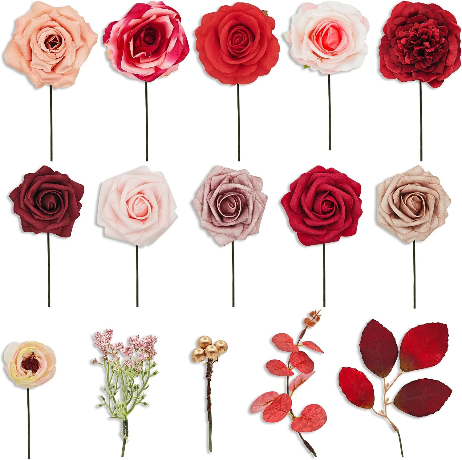 Red Artificial Silk Flowers Combo with Pompom, Roses & Red Stems for DIY Wedding