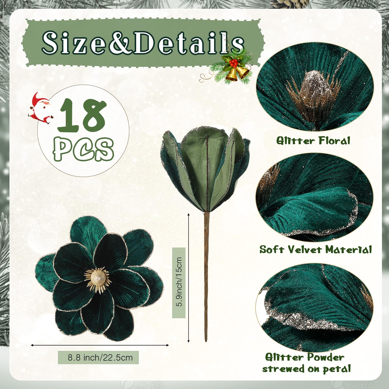 18 PCS Dark Green Large Velvet Christmas Poinsettia Magnolia Flowers Decor Set