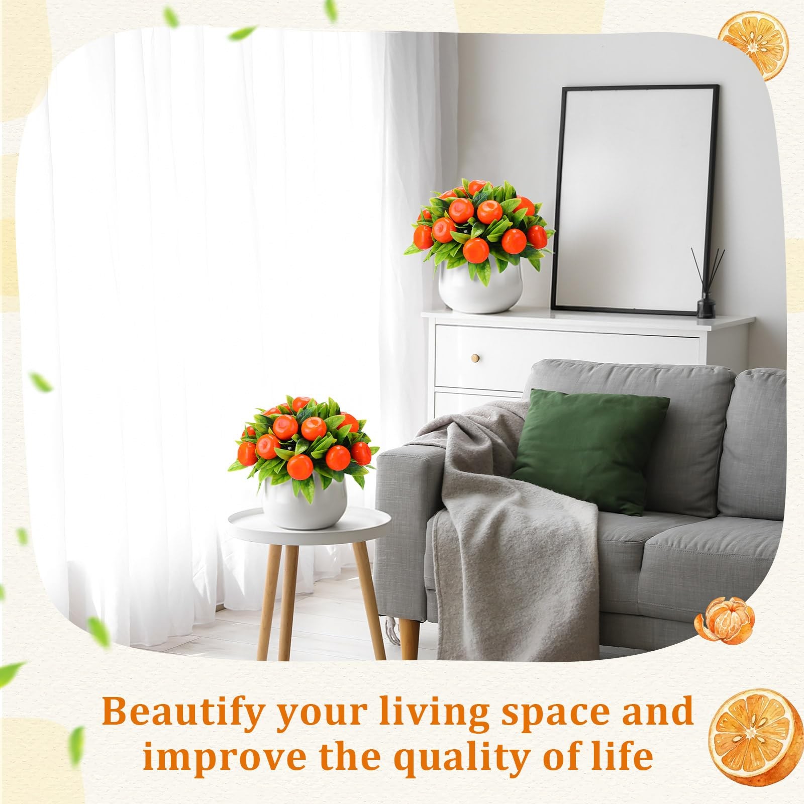 2 PCS Artificial Orange Potted Plants 7.09 Inch Fake Tree Simulation Indoor