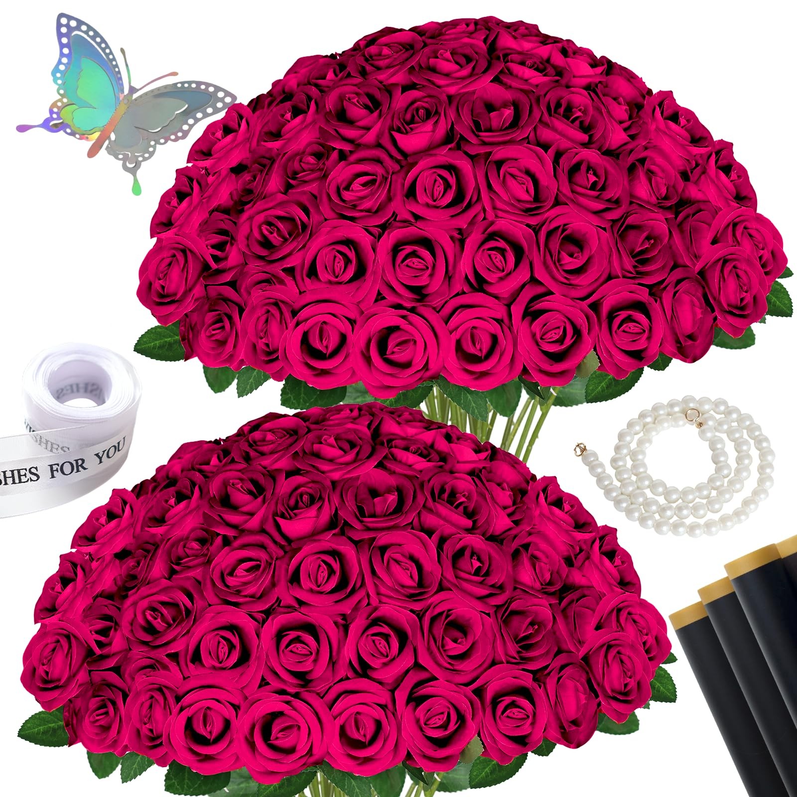 50 Pcs Fake Roses Burgundy Artificial Flowers Bulk, Faux Velvet Silk Rose Bou…