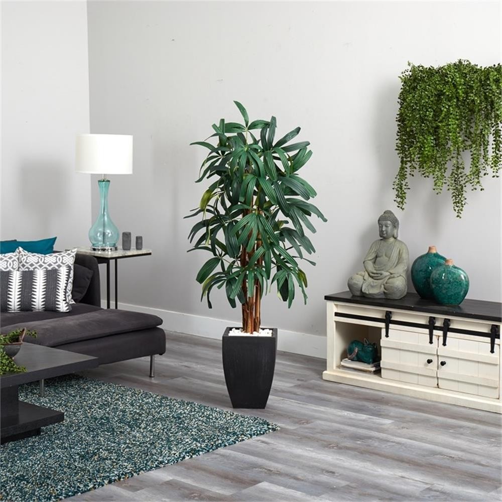 Pemberly Row 66″ Raphis Palm Artificial Tree in Black Planter in Green/Black