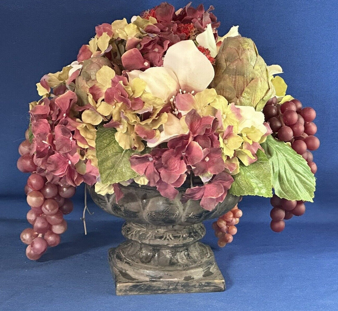 Large Arrangement of Faux Fruits and Flowers Centerpiece in Urn ~ 12.5 h x 13″ w