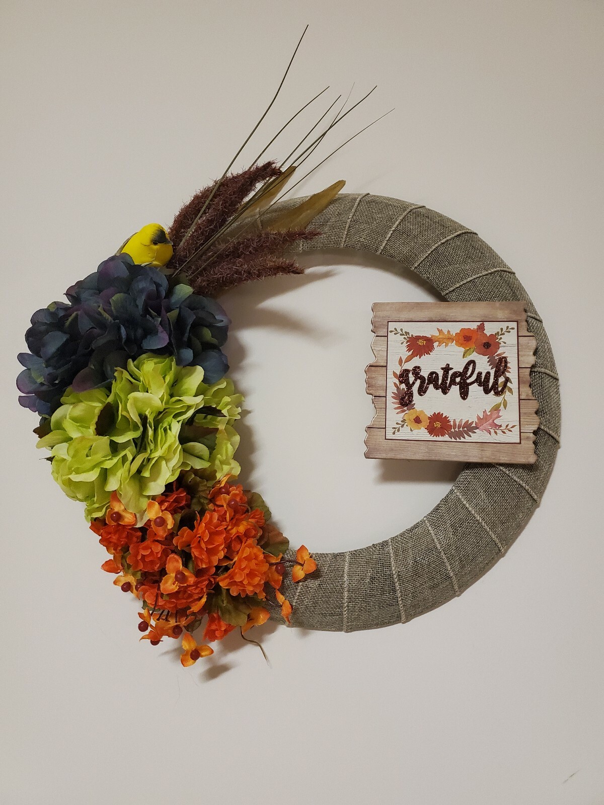 GRATEFUL wreath FLOWER Hydrangeas Foxtail burlap FALL autumn Decor Front Door 15