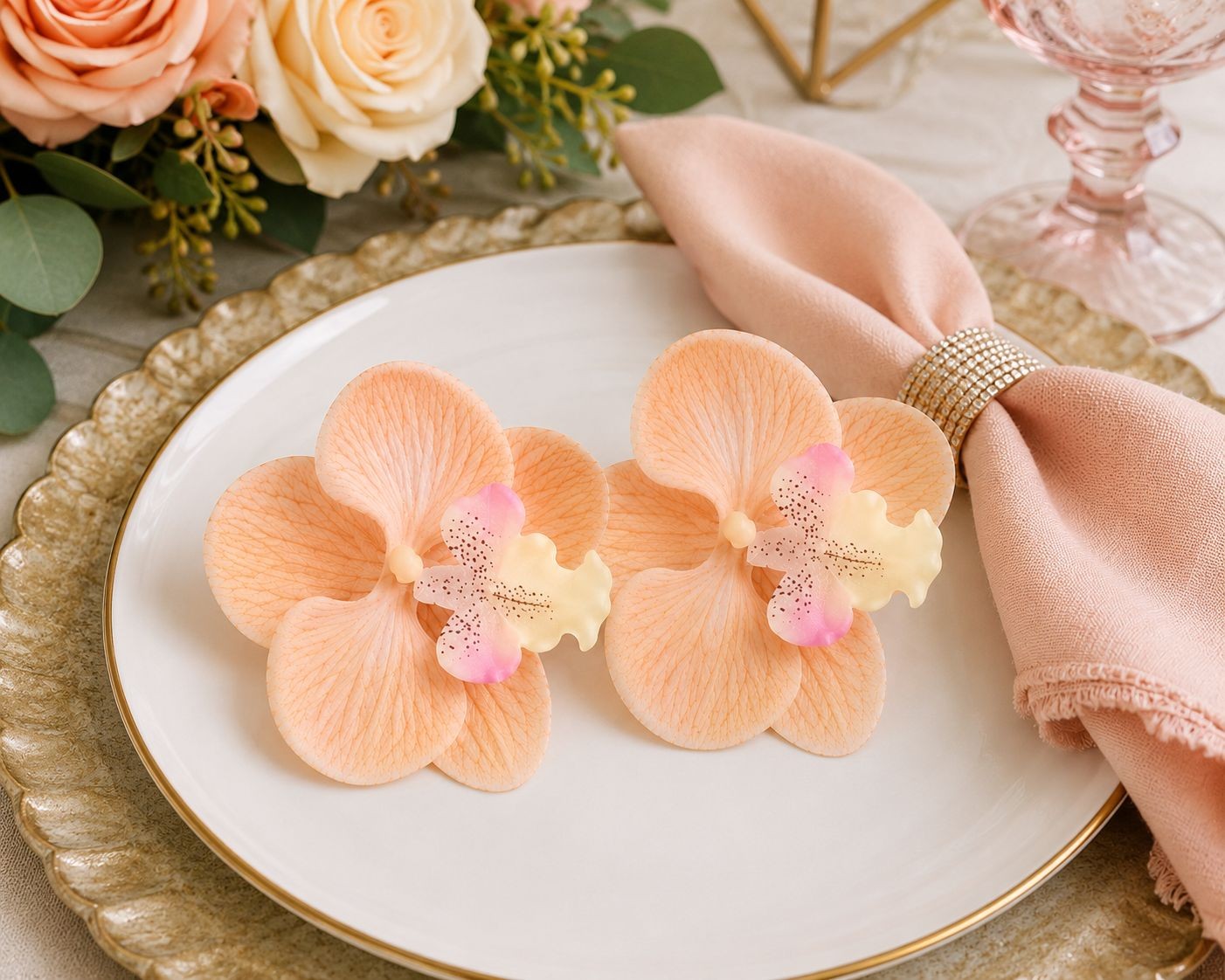 Peach Champagne Real Touch Orchid Heads Set of 2, 3.5 Inch Phalaenopsis Blooms f