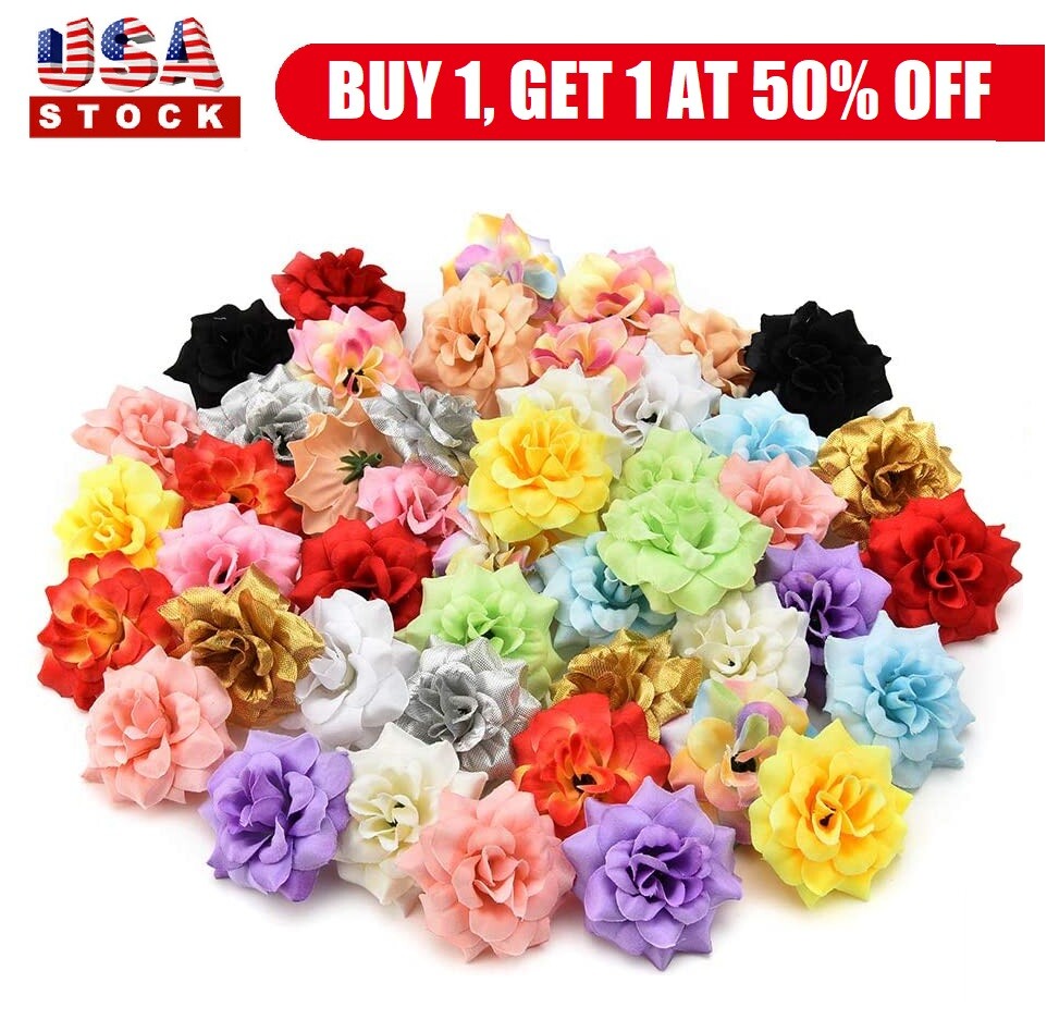 50Pcs Silk Artificial Fake Rose Flower Heads Bulk Craft Wedding Party Decor US