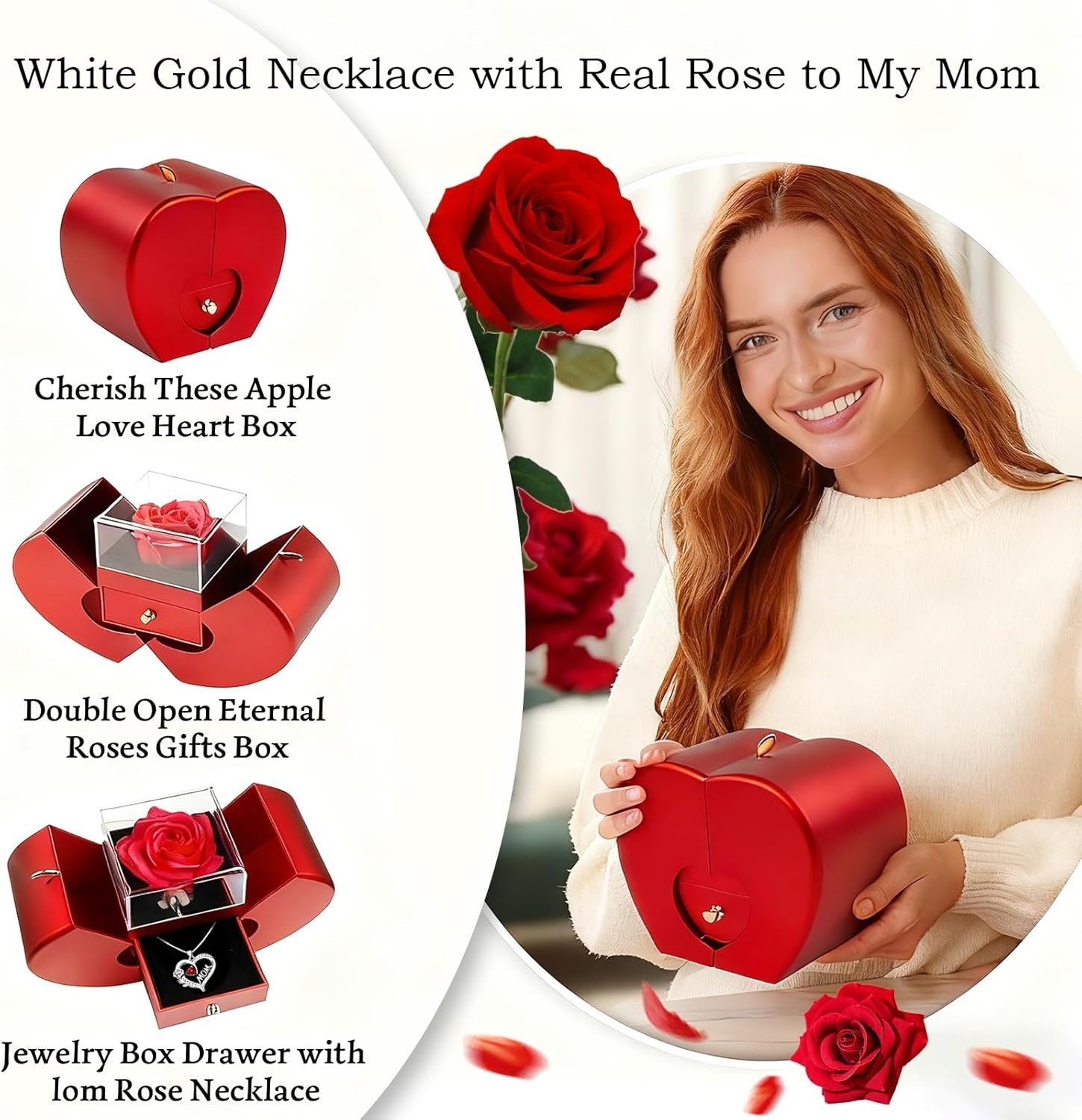 Forever Red Roses in A Box Preserved Rose with Rainbow Necklace Heart Box