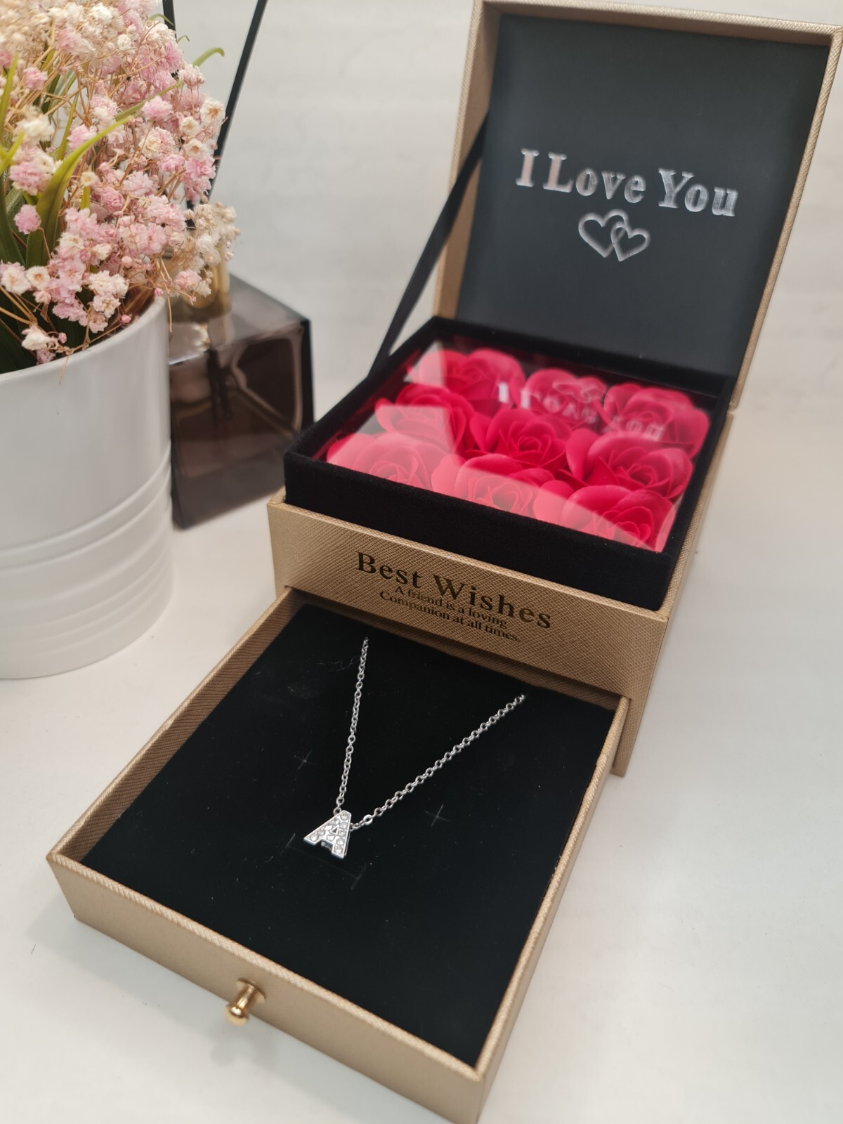 Soap Rose Flower Valentine’s Day Personalised Gift Box Handmade with Necklace