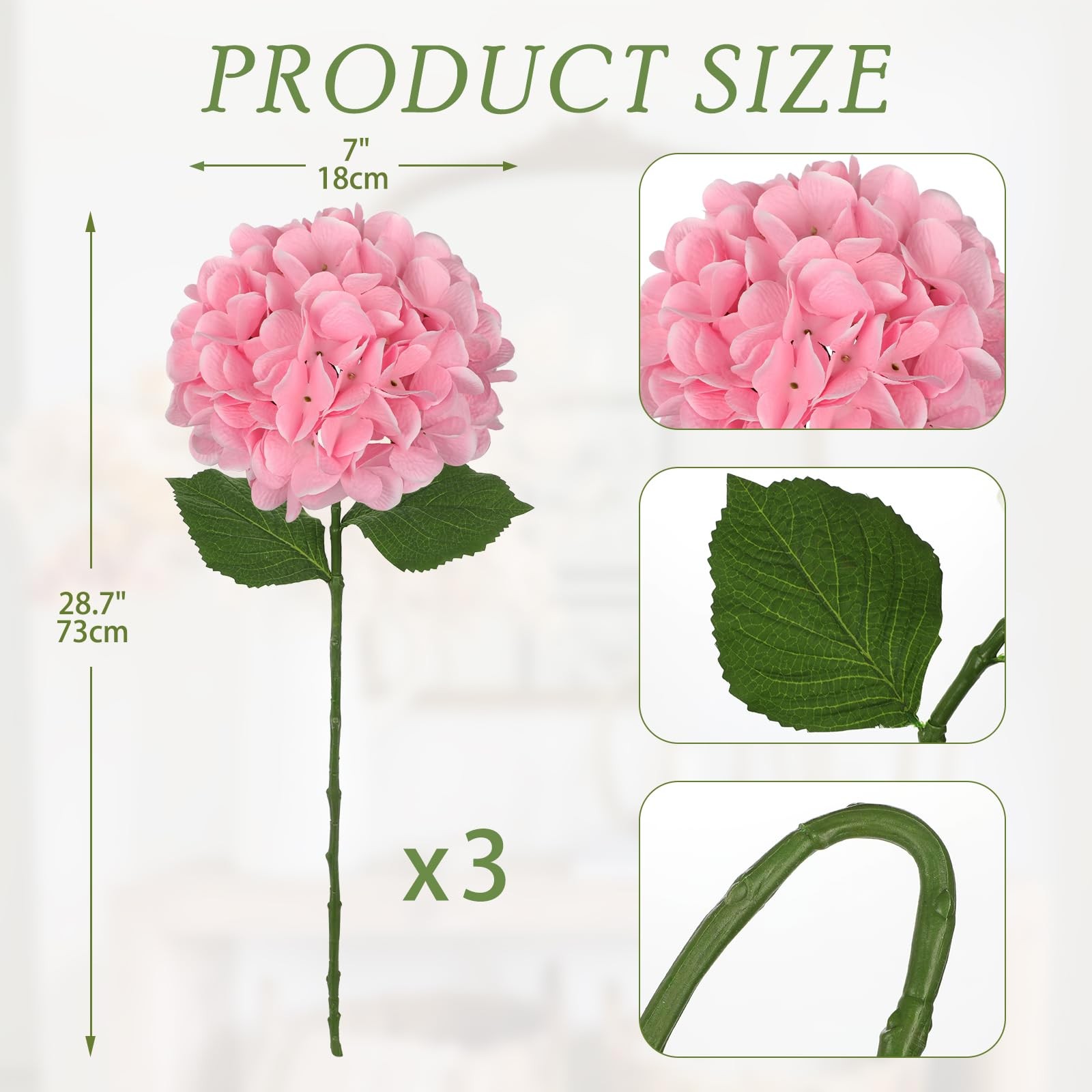 3Pcs Pink Hydrangea Artificial Flowers Real Touch Faux Silk Hydrangeas Flower…