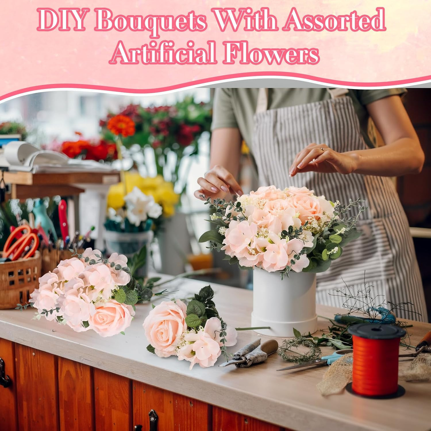310 Pcs Pink Artificial Rose & Hydrangea Bouquet for Wedding Decor