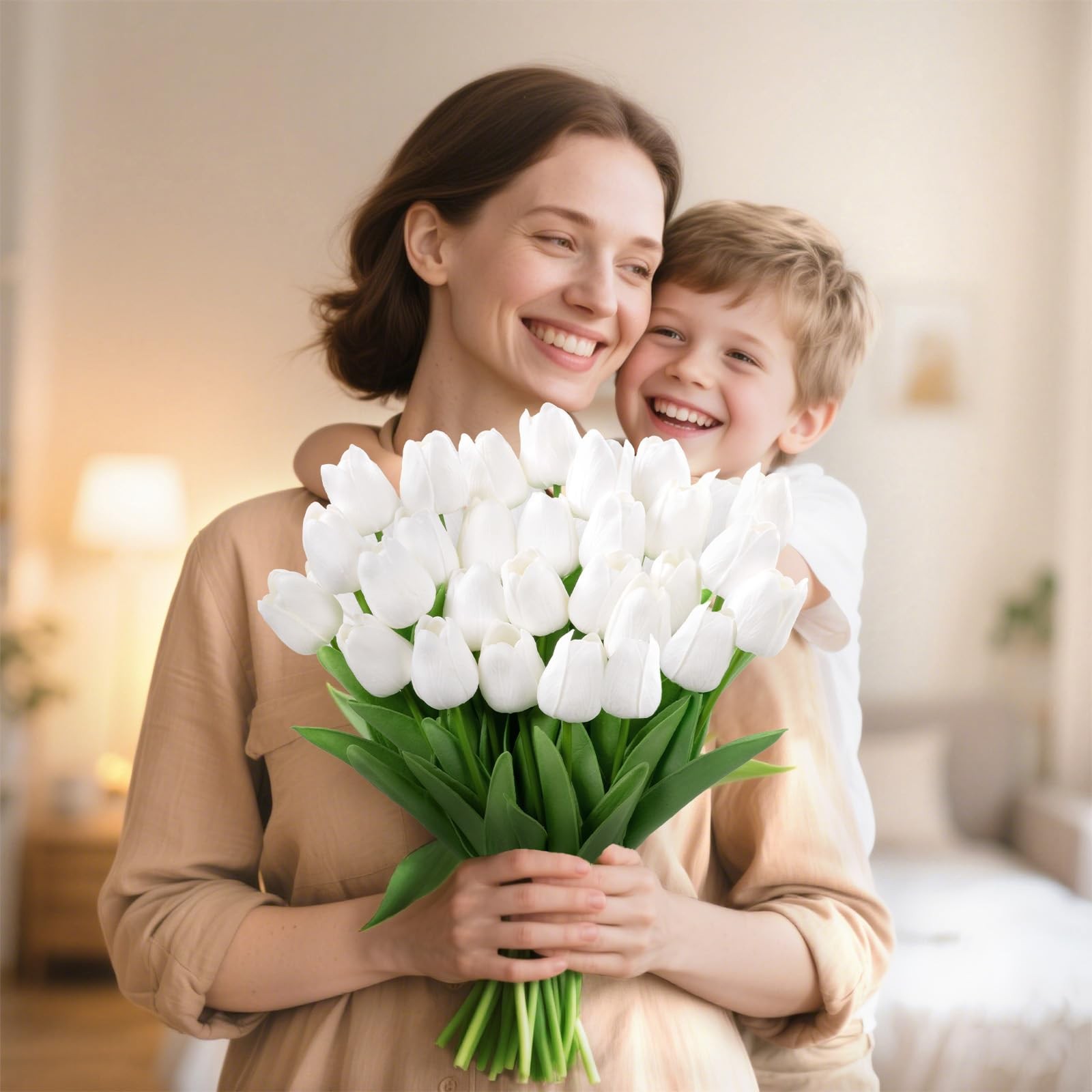30Pcs Fake Tulips Artificial Flowers with Stems Faux Tulips Bouquet Real Touc…