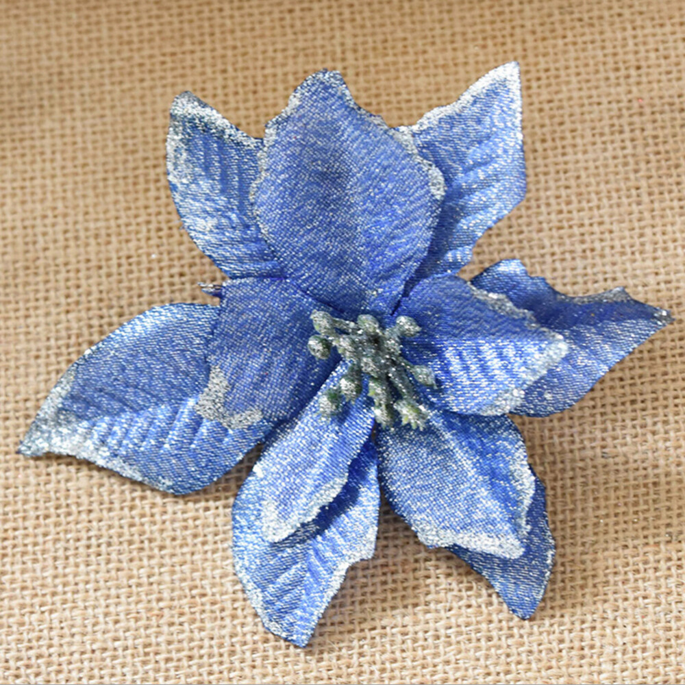 8 Sets Christmas Tree Wreaths Decor Poinsettia Glitter Flower Gold Bow Clip On