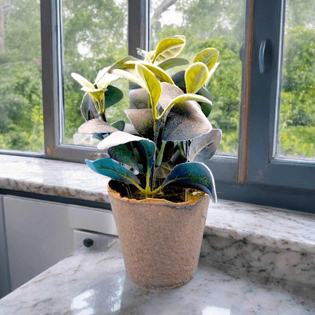 Flocked Lambs Ear Artificial Plant with Moss In Brown Paper Pot 10 inch