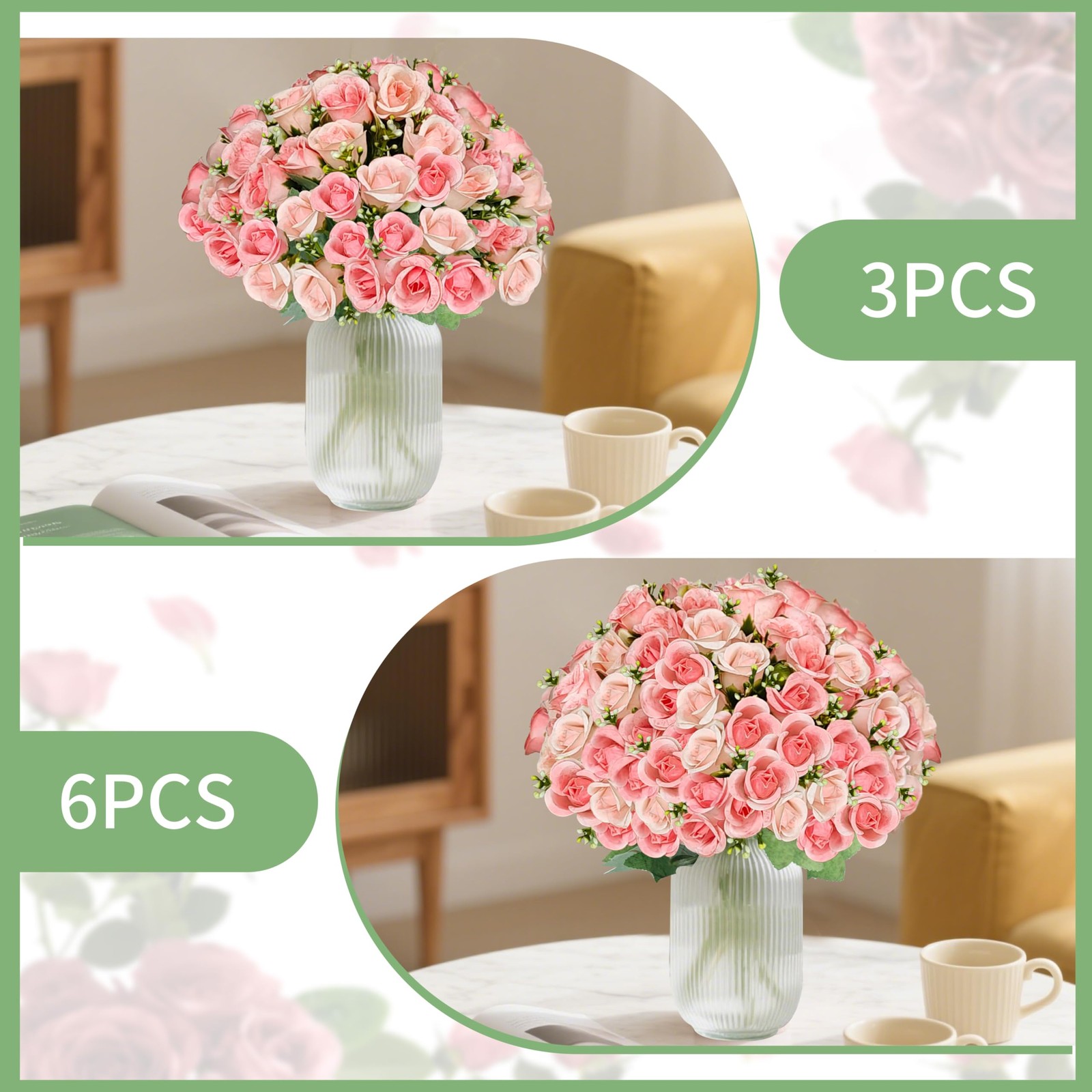 3 Bundles Roses Artificial Flowers,Roses Bouquet with Leaf,Fake Flowers for W…
