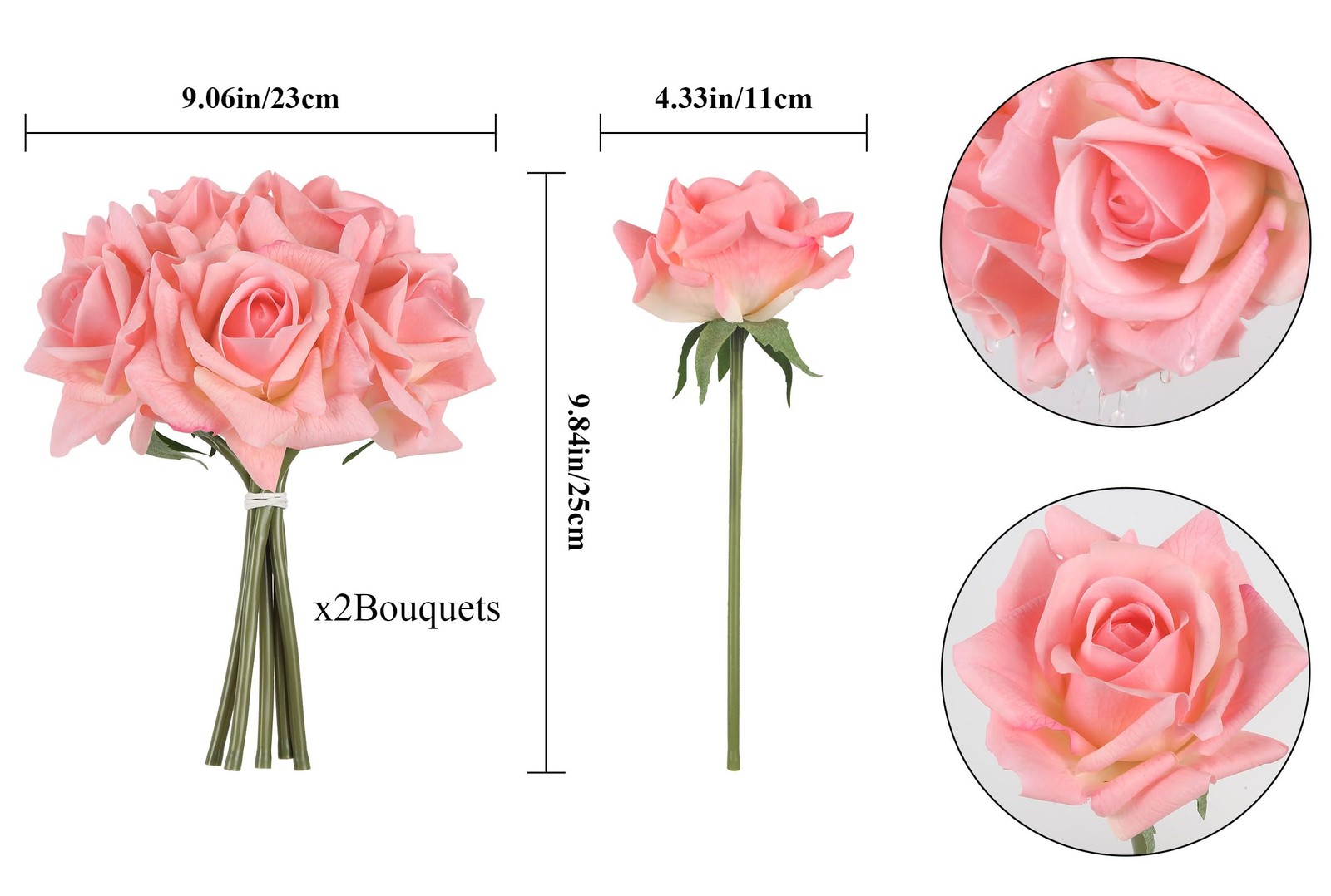 Pink Roses Artificial Flowers 2 Bouquets Realistic Fake Roses Real Touch Faux…