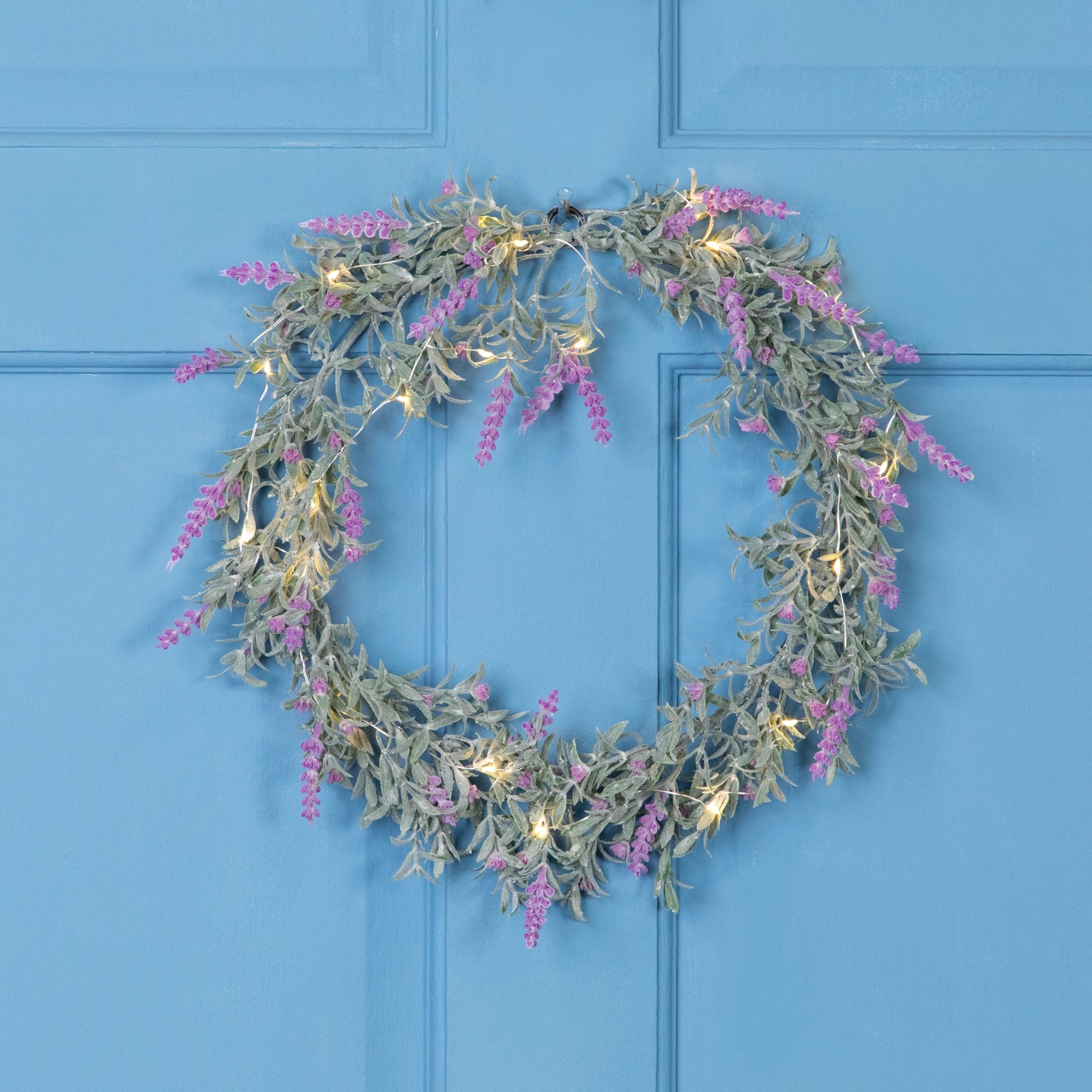 Pre-Lit Lavender Spring Wreath – Battery Operated – 16″ – White LED Lights