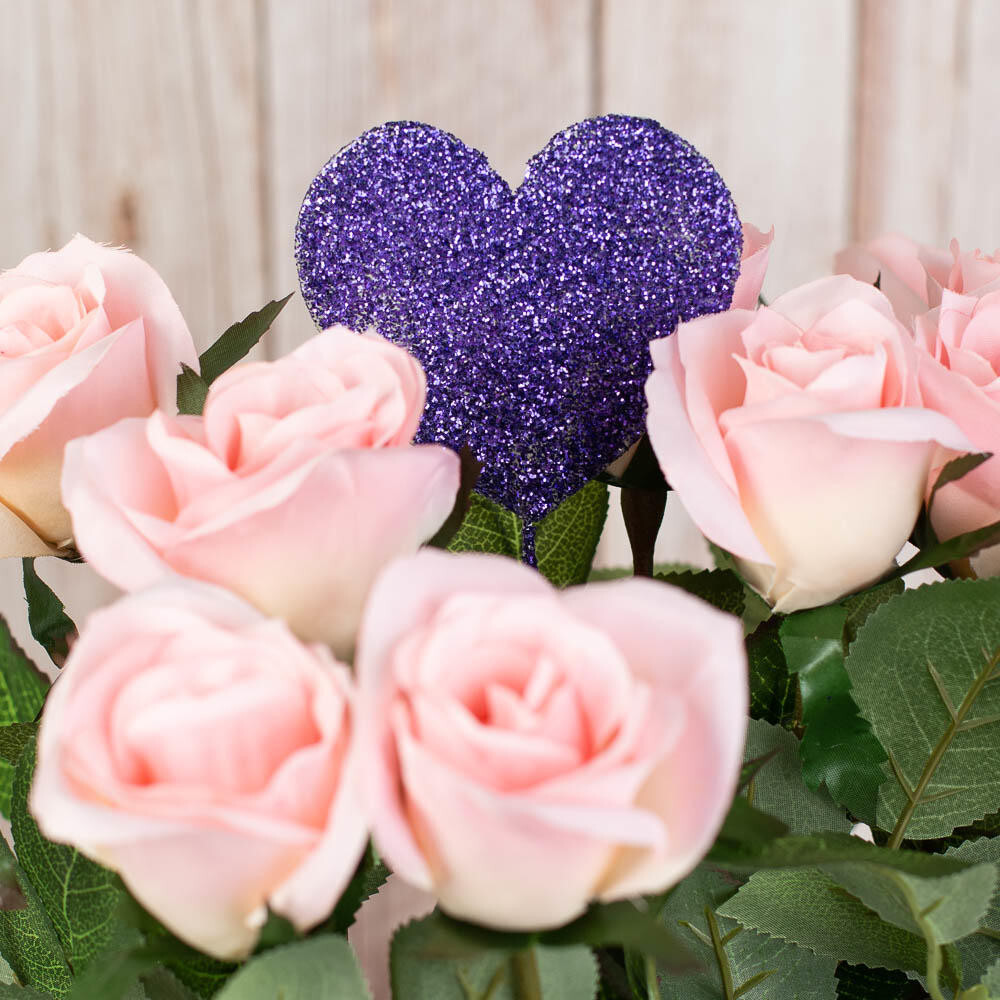 Package of 24 Purple Glittered Heart Floral 15″ Picks