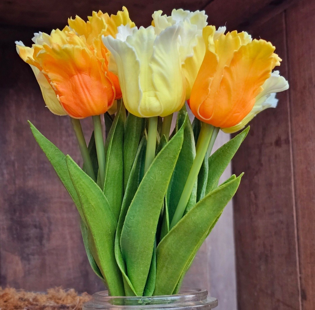 Real Touch orange yellow Artificial Tulips 12 Flower Stems LOOK REAL Spring