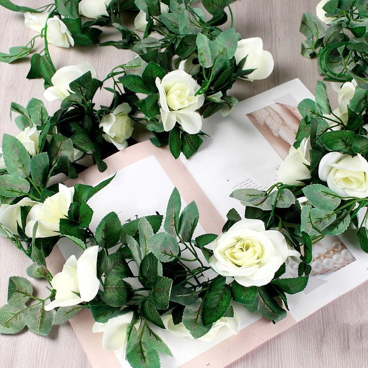 2Pack White Artificial Rose Garland Fake Silk Flower Vine with Greenery Hangi…