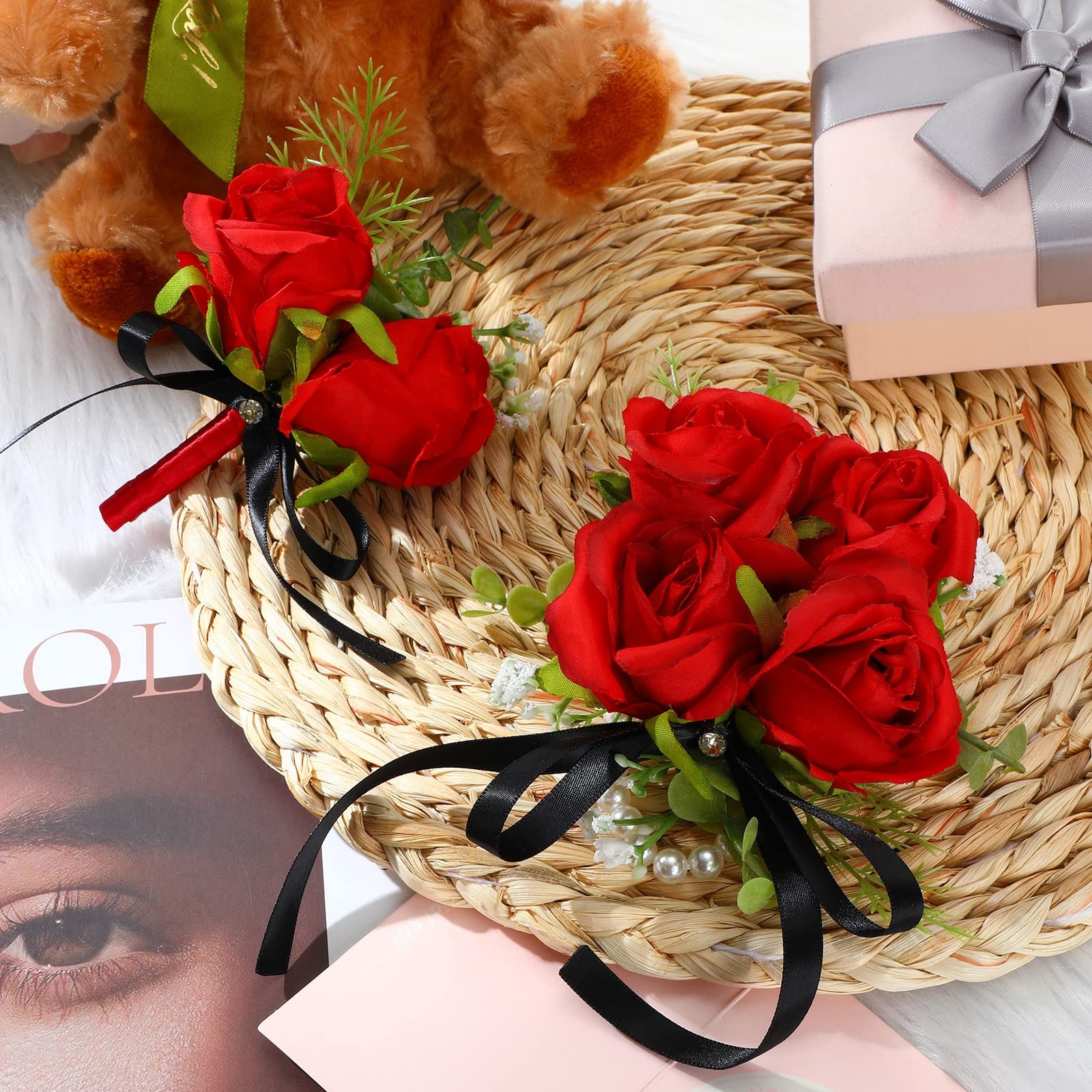 2 Pcs Boutonniere Wrist Corsage Set Artificial Rose Wine Red Corsage