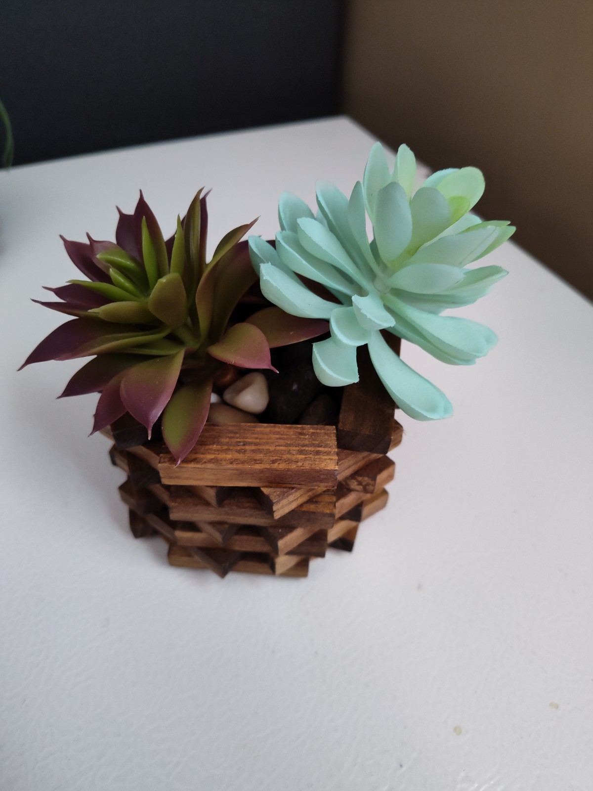 3 Fake Succulents in Homemade Wooden Planters