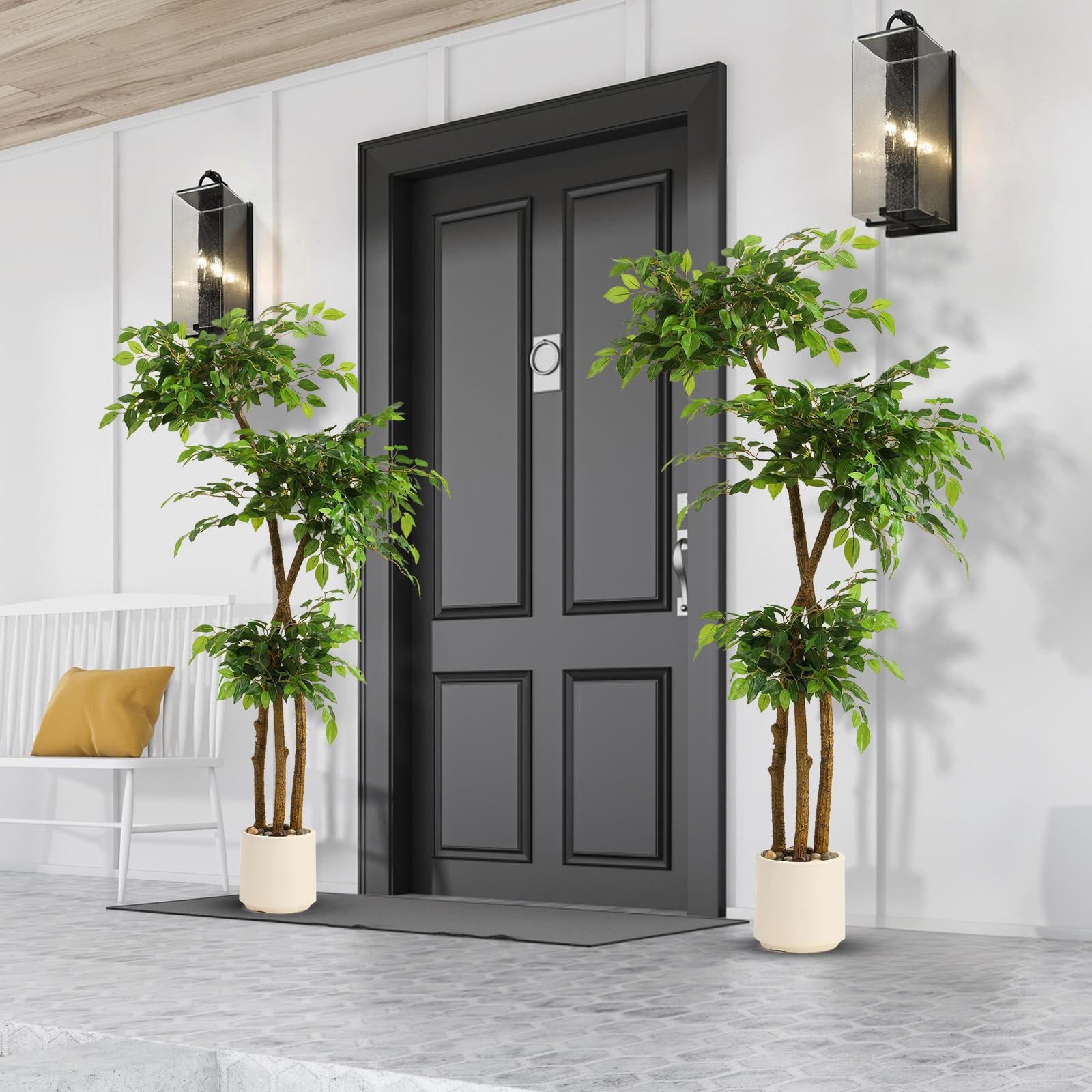 5FT Artificial Ficus Tree with White Planter and Pebbles,Faux Silk Tree with …