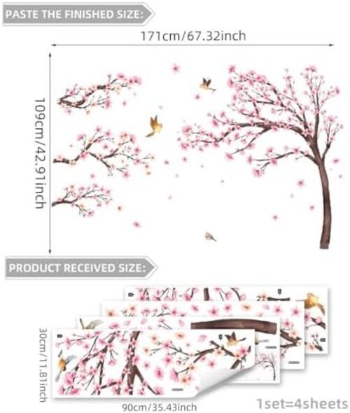 Pink Cherry Blossom Floral Birds Wall Decals Large Cherry Blossom Tree Branch Wa