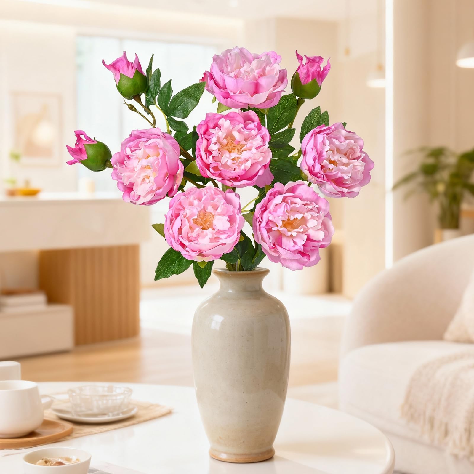 3PCS Real Touch Peonies Artificial Flowers, 22in Pinkish Purple Fake Peonies