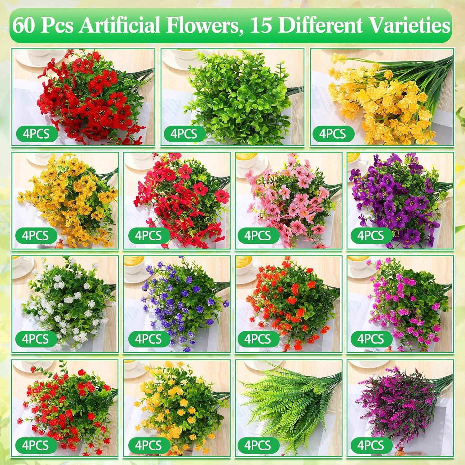 60 Bundles UV Resistant Faux Flowers – 15 Styles for Home & Garden Decor