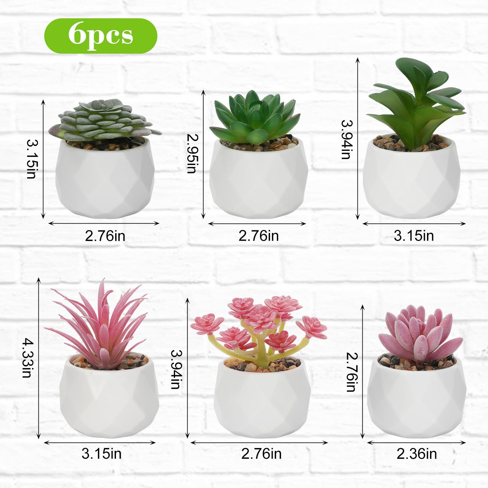 6 PCS Artificial Succulents Faux Desk Plants White Plastic Pots Room Decor
