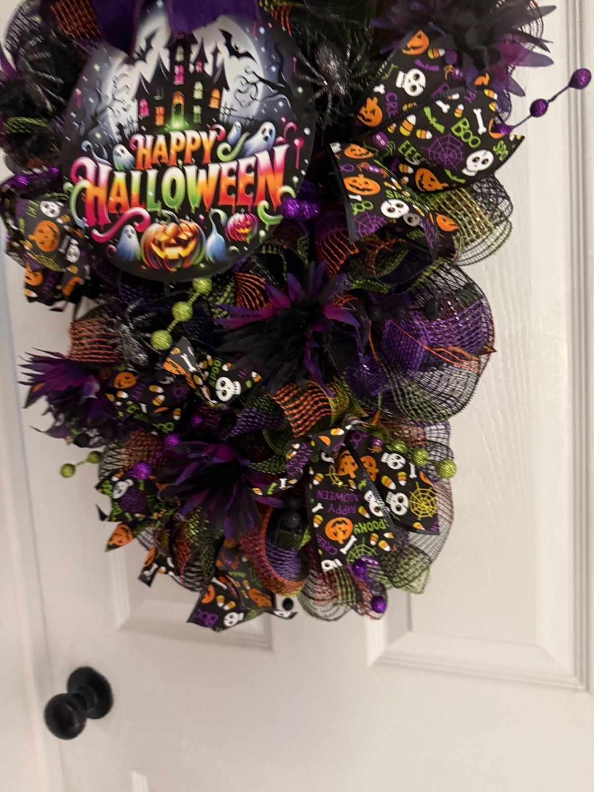 Handmade Halloween Deco Mesh Wreath | Happy Halloween Door Wreath | Purple/black