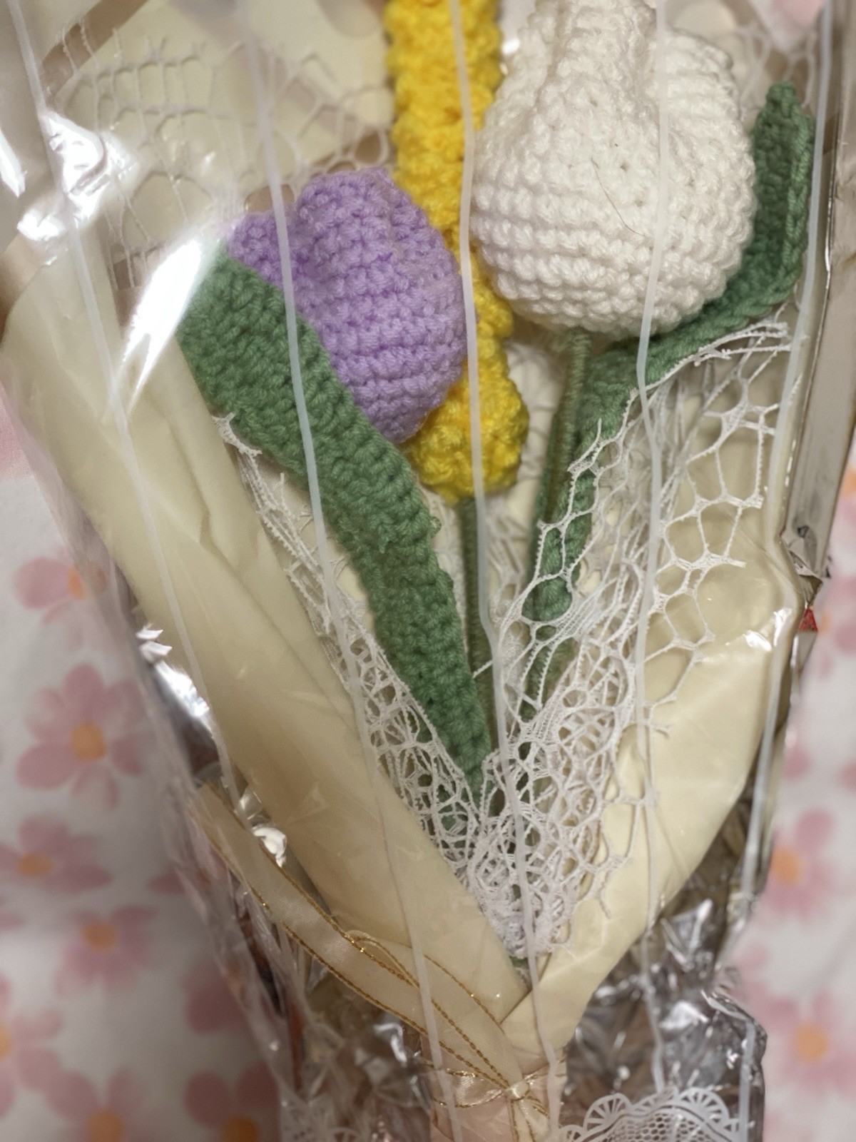 Handmade Yarn Tulip Flower Arrangement White Yellow Purple Green