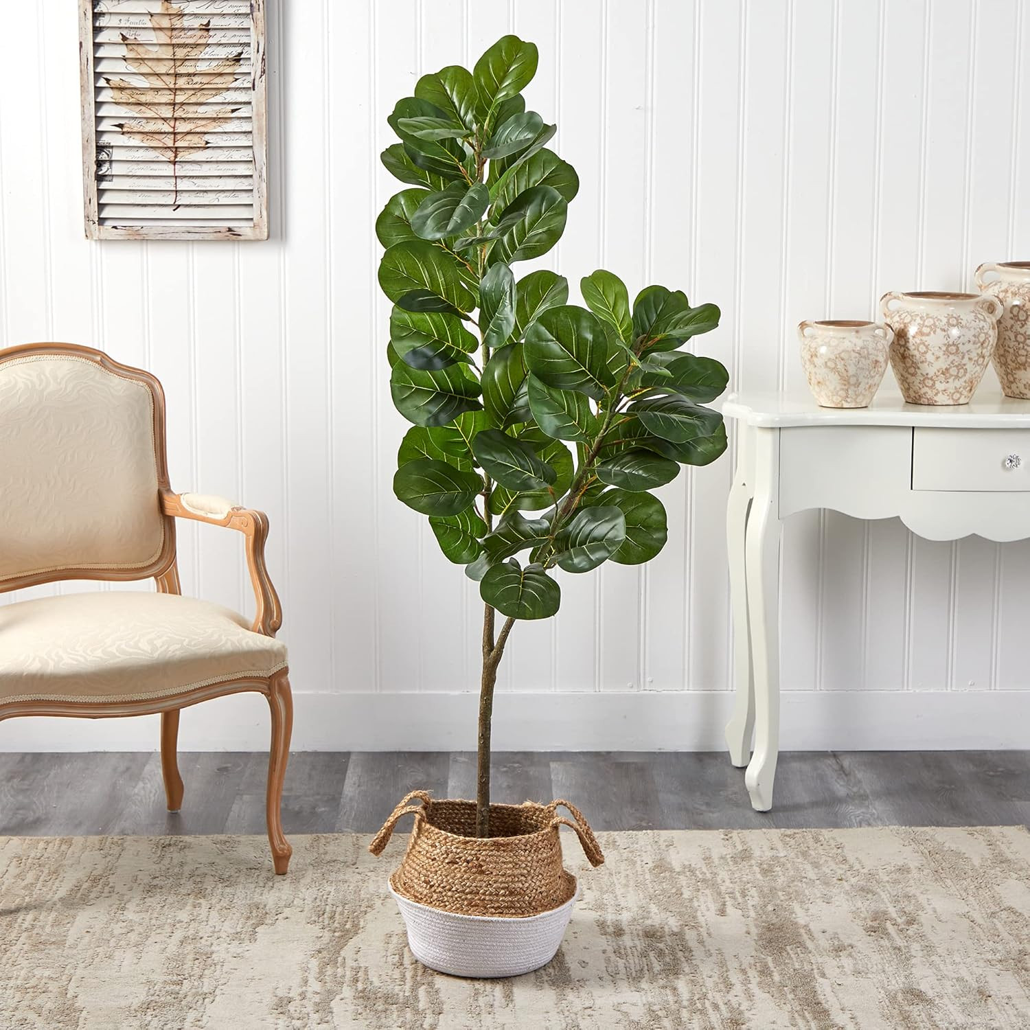 4.5Ft Fiddle Leaf Fig Tree in Boho Chic Woven Cotton & Jute Planter