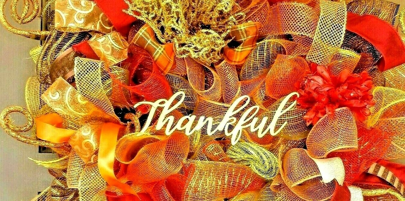 Large 24″ Handmade Fall Autumn Welcome Wreath Gold Deco Mesh Front Door Decor