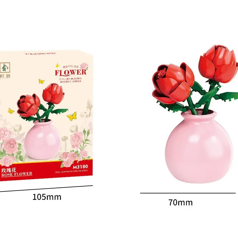 Building Block Flower Bouquet with Pot Rose Lily Desk Ornament Gift