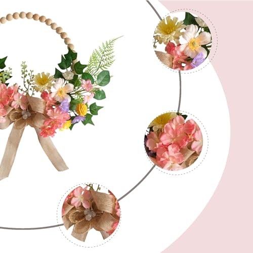 16 Inch Artificial Spring Wooden Bead Wreath with Flower Bow Summer Hydrangea