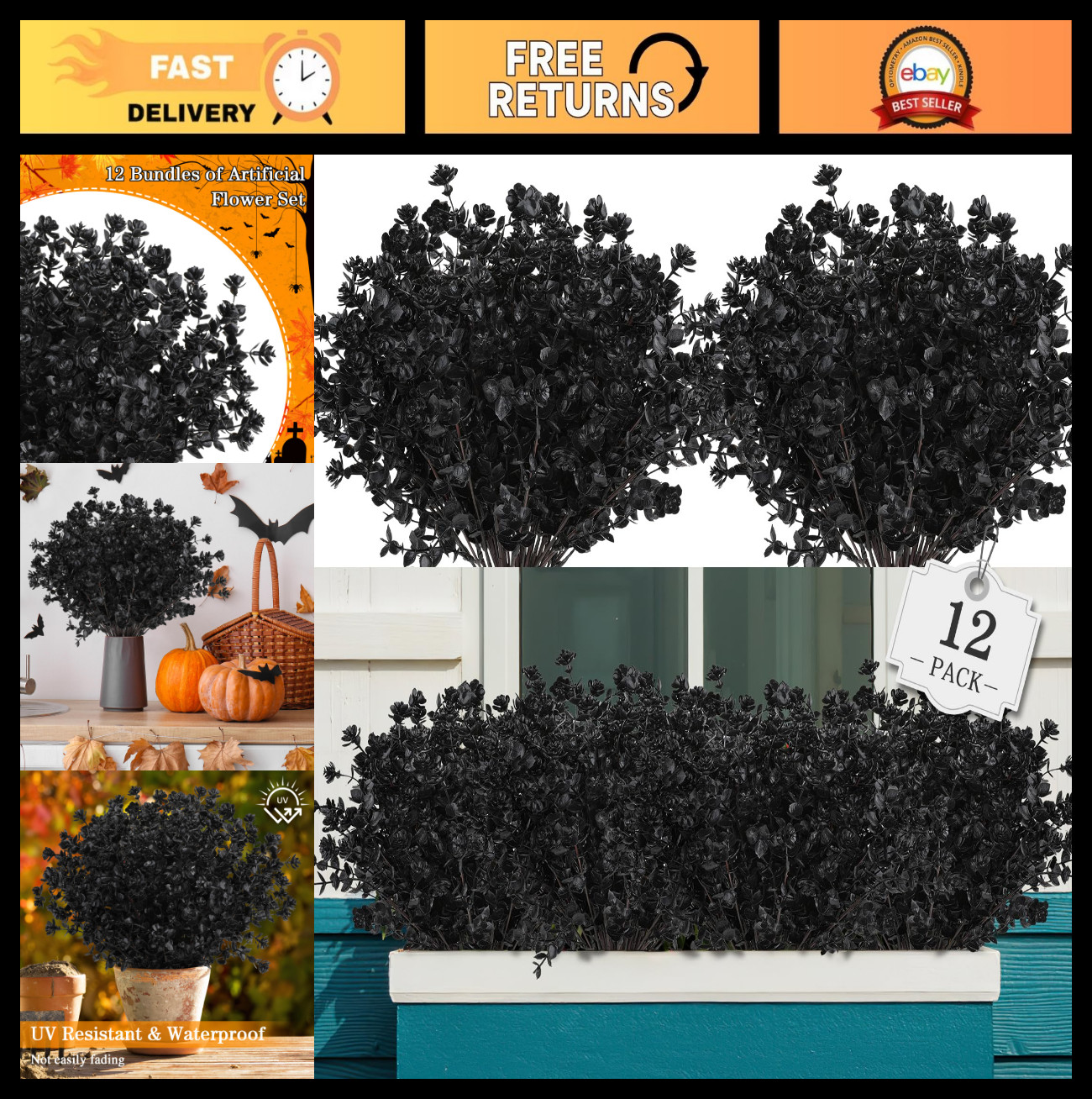 12 Bundles Black Artificial Flowers – No Fade Faux Plants for Halloween Decor, I